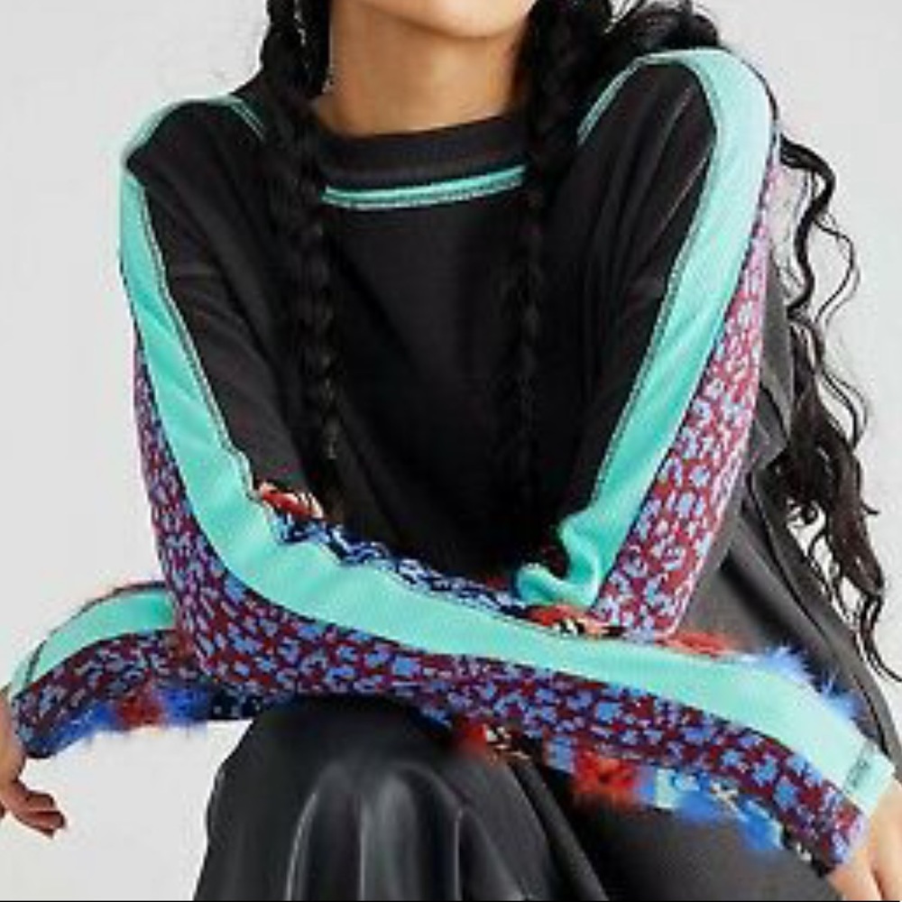 Free People Black and Teal Patterned Top